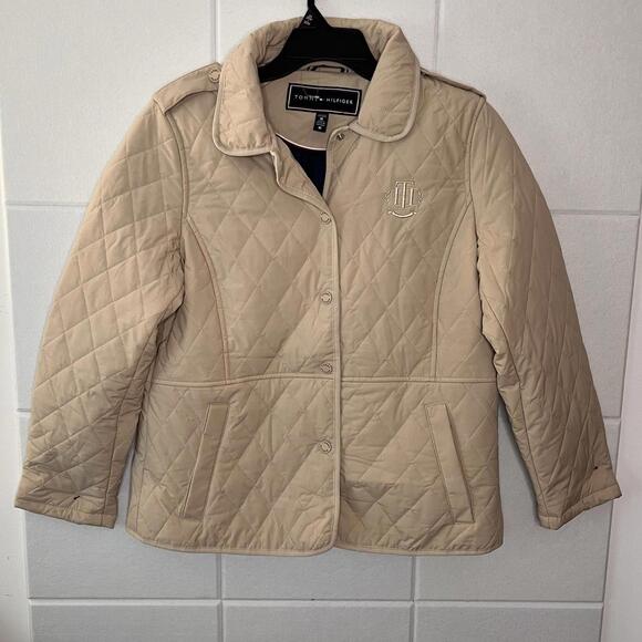 Tommy Hilfiger Quilted Jacket Women’s Size Medium Snap Closure Front Pockets Tan - Picture 1 of 9